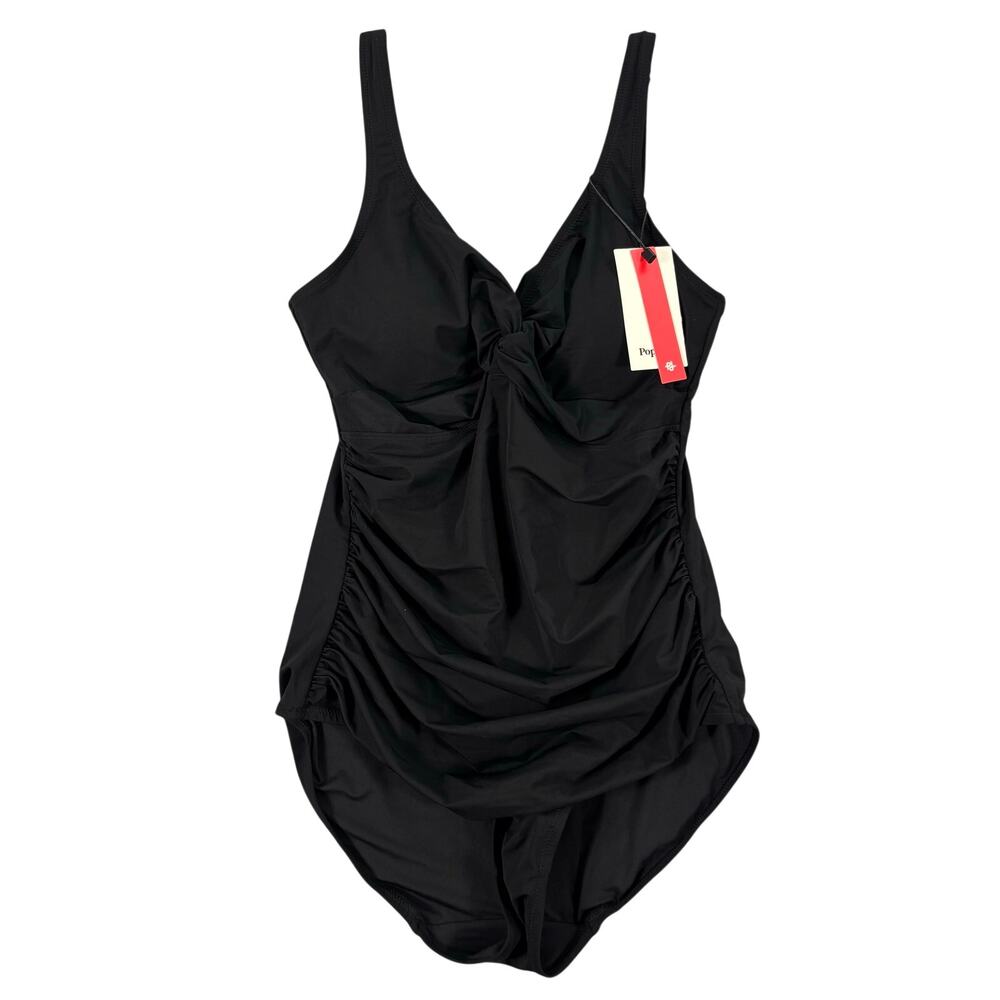 Popilush Black Twist Front Ruched Tummy Control One Piece Swimsuit S NWT